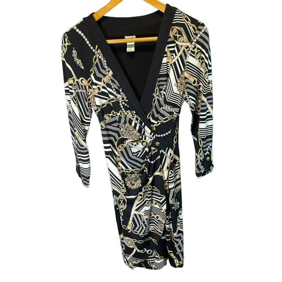 Cache Black Faux Wrap Horse Bit Fitted 3/4 Sleeve Dress Sz M - Picture 1 of 10